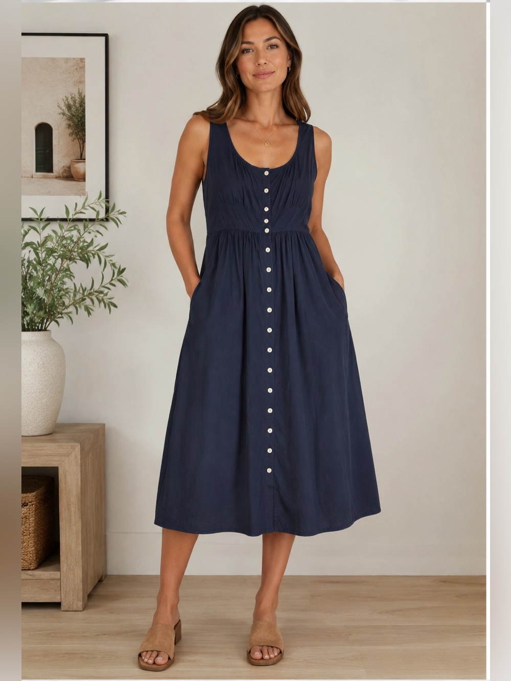 J. Crew Navy Blue Sleeveless Button-Front Midi Dress
